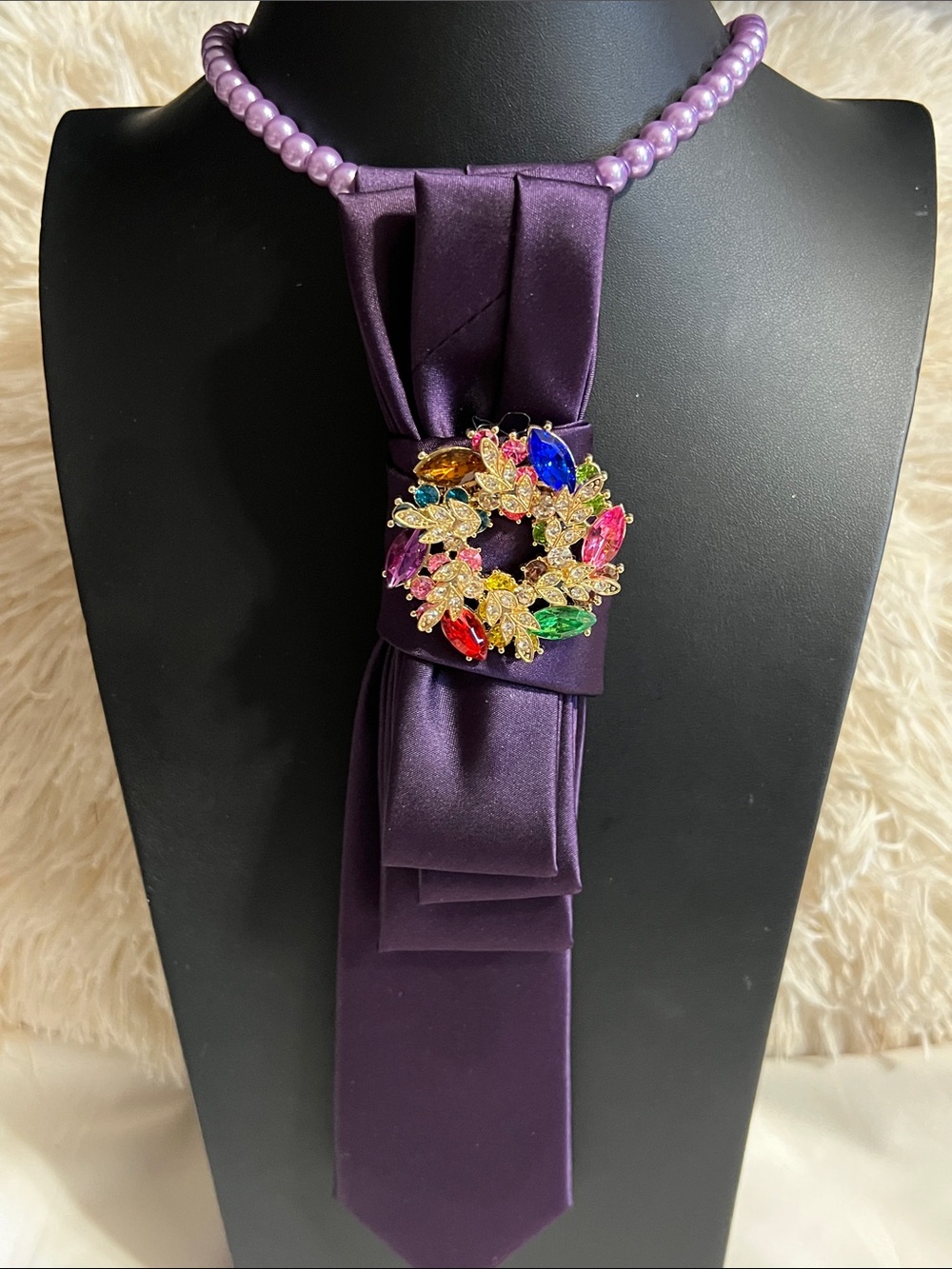 Purple Satin Statement Necklace with Multicolor Crystal Brooch